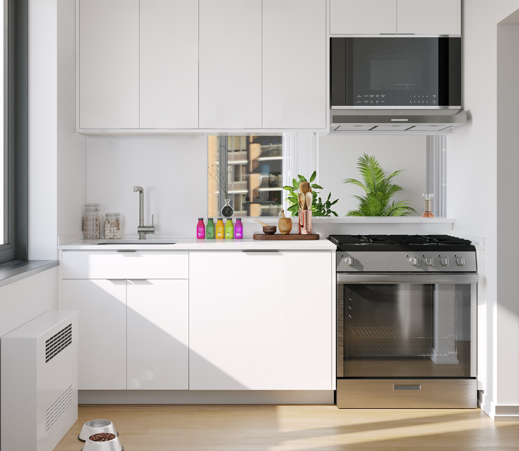 sleek glossy white kitchen cabinets with undercabinet lighting, caesarstone countertops, and Blomberg stainless steel appliances